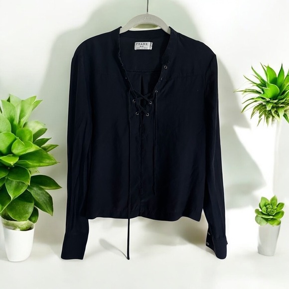 FRAME Small Satin Blouse Navy Blue Lace Up Neck Long Sleeve 100% Silk Top - Picture 2 of 9